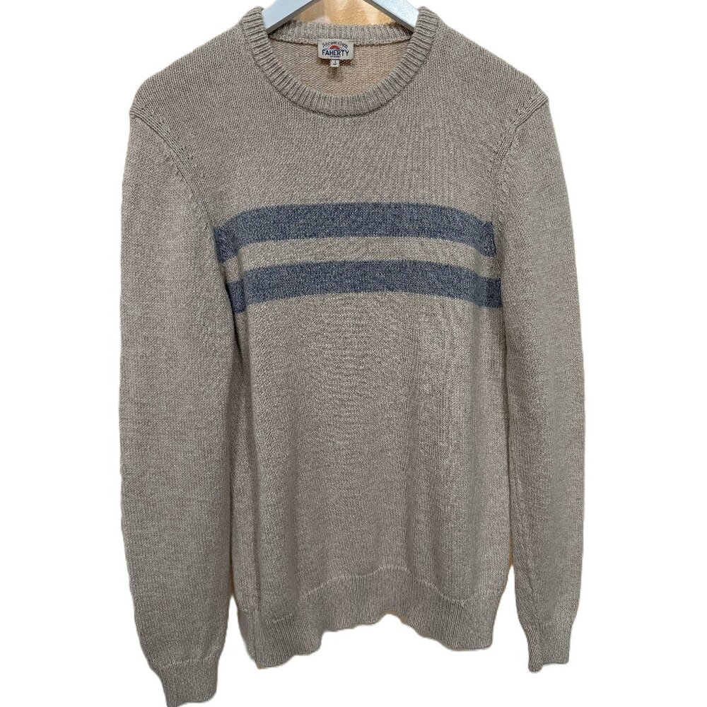 Faherty Sunwashed Cotton/Cashmere Crew Sweater in Dune Natural Surf Stripe sz S